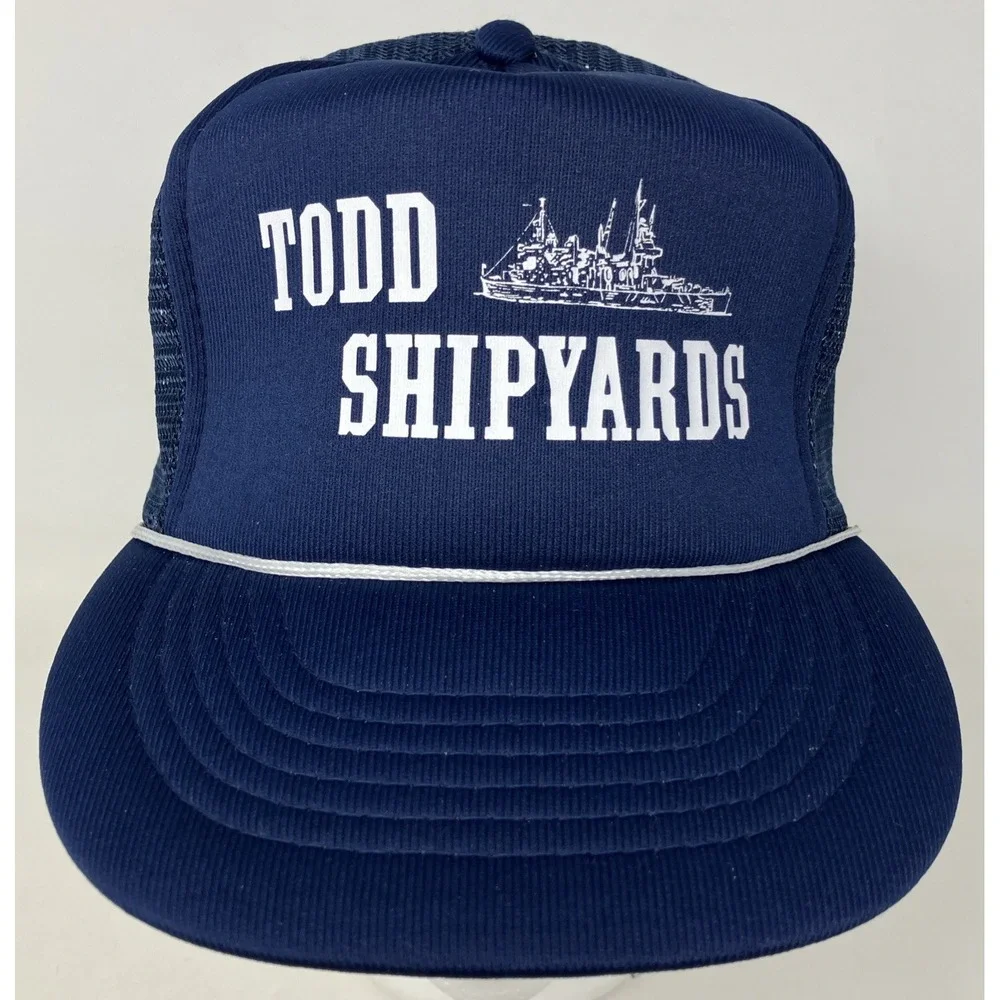 Vintage Todd Shipyards Mesh Back‎ Foam Panel Snapback Trucker Hat Navy Blue